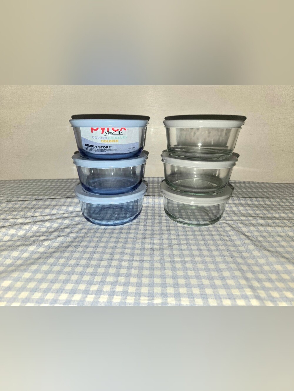 1 Set Of 3 Pyrex Blue Tinted Glass Storage Bowls/ 1 Set Of 3 Anchor Hocking Grey